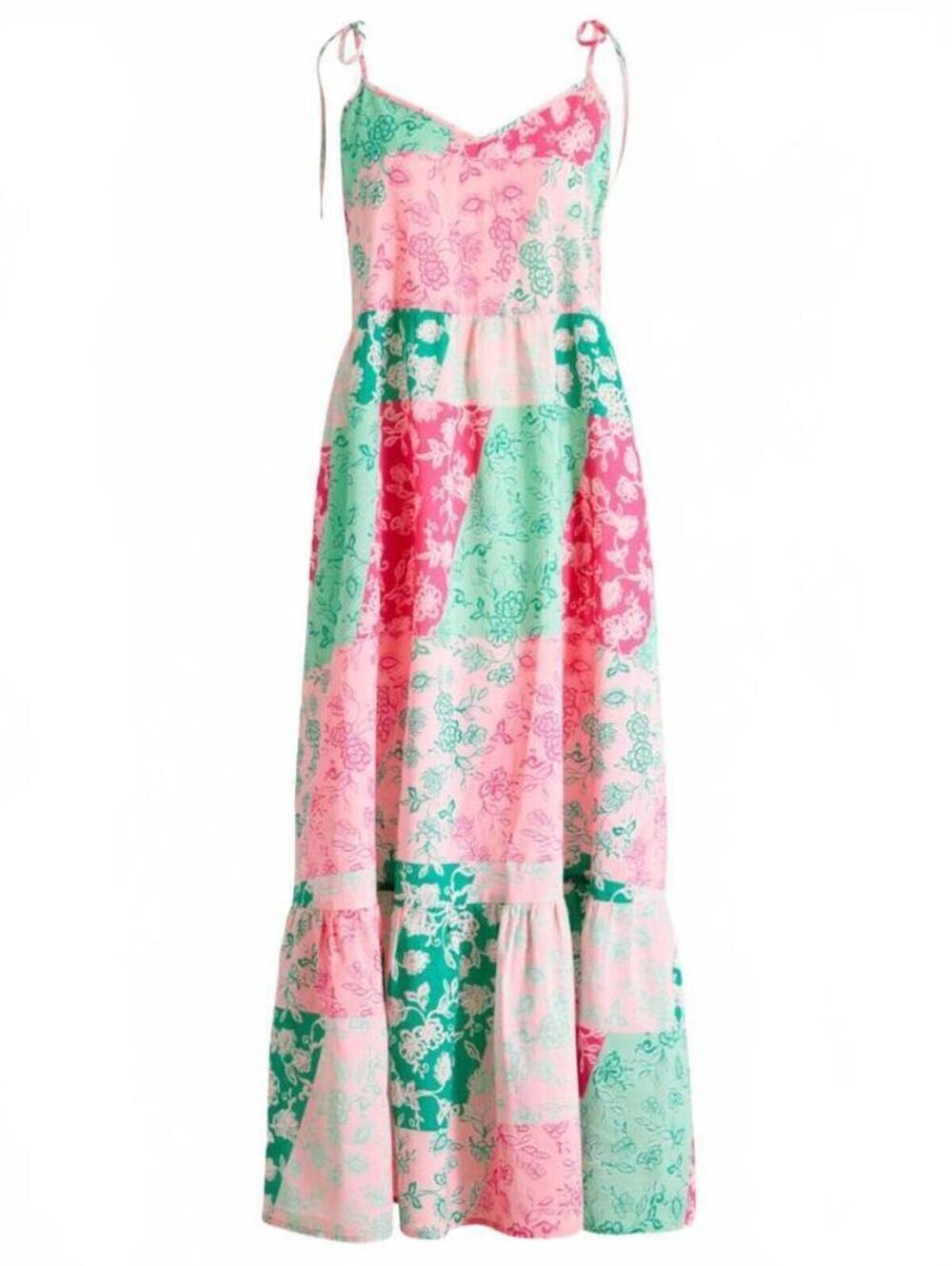 J.Crew Pink Green Floral Tiered Midi Dress Tie Strap Patchwork Sundress Size S